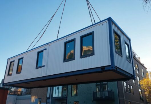 A modular home being crane-lifted into place against a clear blue sky, highlighting modern construction techniques in urban housing development.