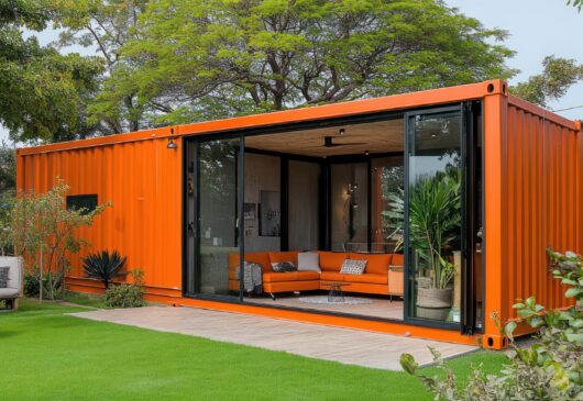 bright orange shipping container converted into a cozy modern living room with large sliding glass doors opening to a green lawn and patio, orange sofa, indoor plants, inviting atmosphere